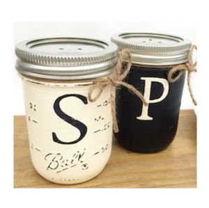 Hand painted salt and pepper shakers made out of mason jars